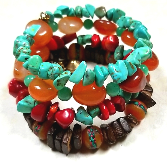 Hand Crafted Boho Tibetan Agate, Turquoise and Amber Wrap Bracelet - Picture 7 of 16